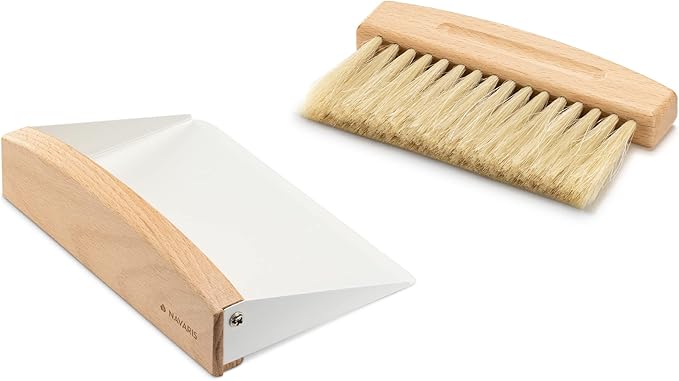 Navaris Small Dustpan and Brush Set - Wooden Mini Dustpan and Compact Horsehair Brush for Sweeping Table and Countertop - White