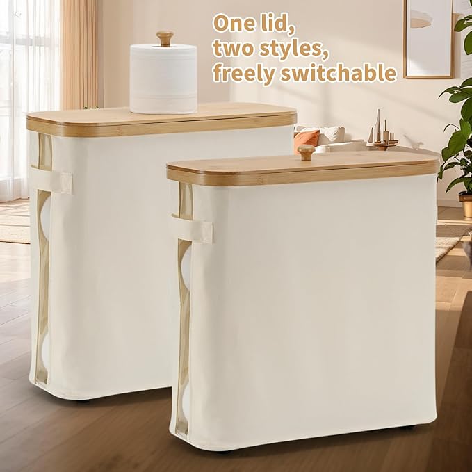 32L Bamboo Toilet Paper Storage Basket with Lid and Handle， Toilet Paper Organizer for Bathroom - Mega Capacity ， Collapsible Bathroom Toilet Paper Holder with Storage, Soft Beige，1 Pack