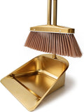 Gold Broom and Dustpan Set, Minimalist Upright Sweeper with Long Handle, Heavy Duty Stainless Steel Metal Dust Pan Combo for Home, Kitchen, Office and Indoor Outdoor Use (Gold Basic)