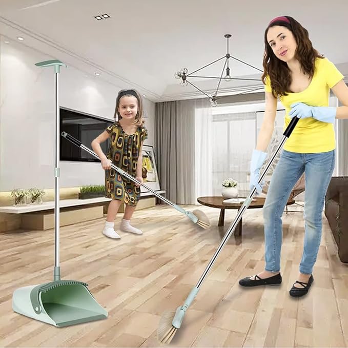 Broom and Dustpan Set for Home, Long Handle Dust Pan and Broom Combo for Indoor Outdoor Heavy Duty Dustpan Set for Kitchen Lobby Office Upright Standing Dustpan with Teeth (Green)