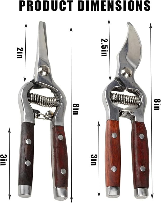 Garvee 2-Pack Wood & Steel Handle Bypass Pruning Shears for Gardening | Curved & Straight Garden Shears 8x20cm | Ultra Sharp Blades for Plants, Flowers & Light Branches | Essential Gardening Tools