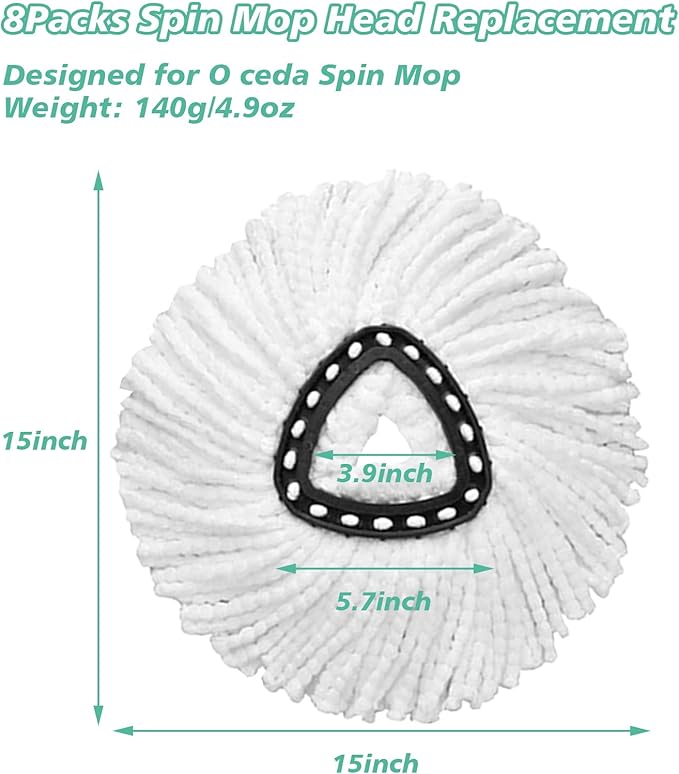8 PCS Spin Mop Replacement Head,100% Microfiber Mopping Head Replacement Compatible with Triangle Spin Mop, 360 Degree Micro Spinning Mop Replace Head for Easy House Cleaning Floor Mopping
