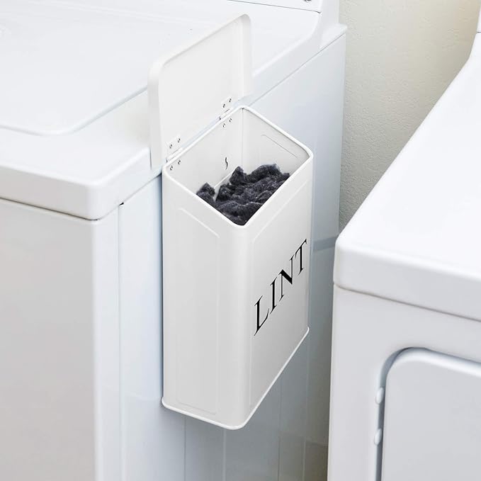 Calindiana Modern Farmhouse Metal Magnetic Lint Bin for Laundry Room Decor and Accessories with Lid and Laundry Room Organization and Storage Wall Mount Space Saving Washer and Dryer Trash Can, White