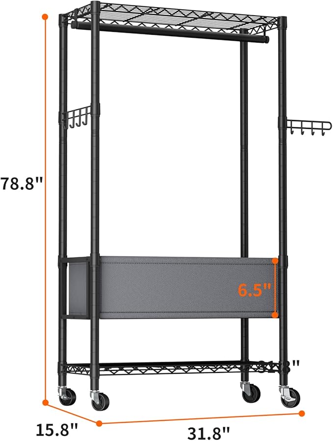 Heavy Duty Clothes Rack Rolling Garment Rack,3 Tier Adjustable Wire Shelving Clothing Racks for Hanging Clothes with Double Rods&Side Hooks,Freestanding Wardrobe Storage Rack Metal Portable Closet