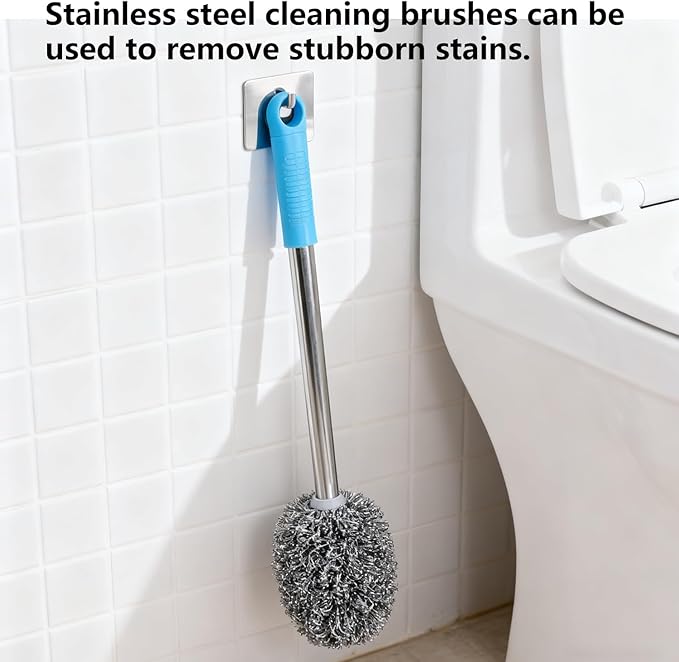 3-Pack Steel Wool Scrubber with Long Handle, Kitchen Dishwashing Pot Scrubber for Deep Cleaning
