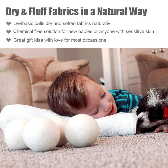 Wool Dryer Balls 6 Pack XL, Genuine New Zealand Wool to Core, 100% Organic Fabric Softener Alternative, Baby Safe & Chemical Free, Reduce Wrinkles & Shorten Drying Time (White-6pcs)