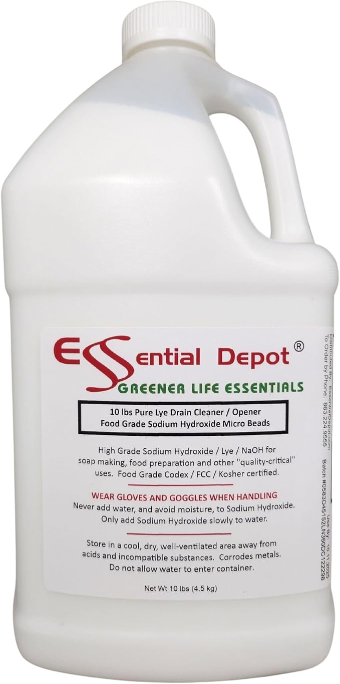 Essential Depot 10 lbs Bottle Food Grade Sodium Hydroxide Lye Evenly-Sized Micro Pels (Beads or Particles) - Lye Drain Cleaner - HDPE Container with Resealable Child Resistant Cap and Handle