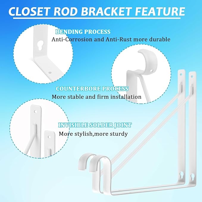 4 Pack Heavy Duty Closet Shelf Rod Brackets 11x11 Inch, 300lbs Wall Mount Closet Shelves Bracket with Rod Shelving Support, Closet Pole Support Bracket with Fixed Hardware, White