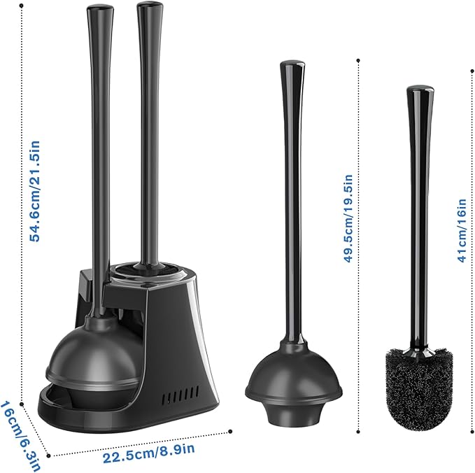 Toilet Plunger and Brush with Holder, Bowl Brush and Heavy Duty Toilet Plunger Set with Ventilated Holder, 2-in-1 Toilet Brush and Plunger Combo for 5.3-inch Toilet Drain New Pack (Black, 1)