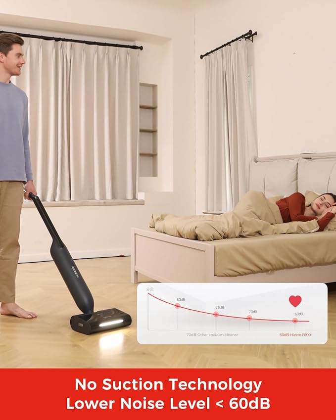 HIZERO F600 Hard Floor Cleaner with Headlight, Self-Cleaning Roller & Triple Separation, 60Min Cordless Runtime, Wet Dry Sweeping Mopping All-in-One for Wood Tile & Pet Homes