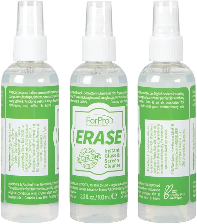 ForPro Professional Collection Erase Instant Glass & Screen Cleaner Kit, for TV Screens, Smartphones, Eyeglasses, Mirrors - Includes 3.3 Oz. Bottle and Microfiber Cleaning Cloth (Pack of 3)