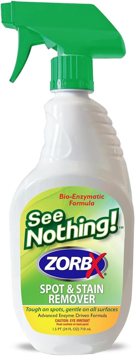 ZORBX See Nothing Spot & Stain Remover Spray (24 oz.) - All Purpose Cleaner for Shoes, Clothes, Furniture & Pet bedding - Fast-Acting Scrub-Free Odor & Enzyme Stain Remover for Ink, Blood & Urine