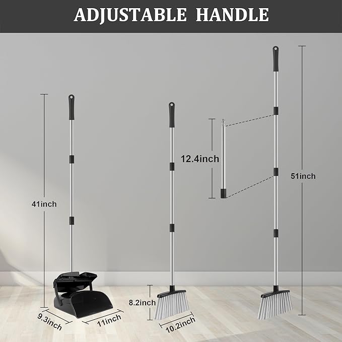 Broom and Dustpan Set, 51" Long Handle Broom with Dustpan Combo Set, Windproof Standing Dust pan with Self-Cleaning Teeth, Household Set Sweep Kitchen Office Lobby Pet Room