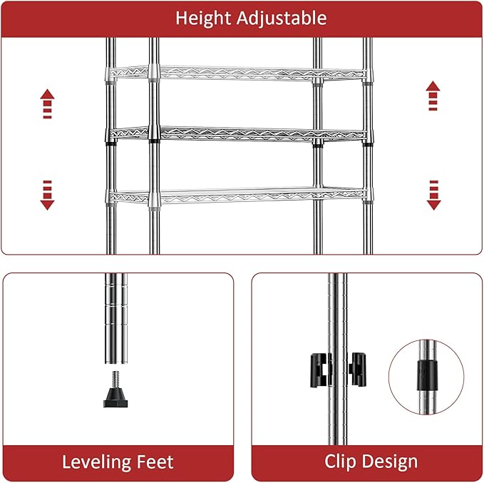 IZEUK 3 Tier Heavy Duty Steel Storage Shelves, Metal Shelf Wire Shelving Rack for Pantry, Kitchen, Cloakroom or Office Organization (11.8" D x 25.6" W x 31.5" H, 750LBS, Chrome)