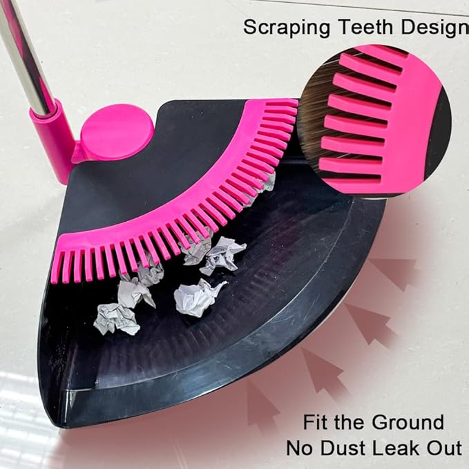 Triangular Indoor Broom and Dustpan Comb Set, 180° Rotating, Soft Bristle Long Handle Upright Sweeping Angled Broom with Self-Cleaning Teeth for Home, Kitchen, Office, Wood Floor (Black Pink)