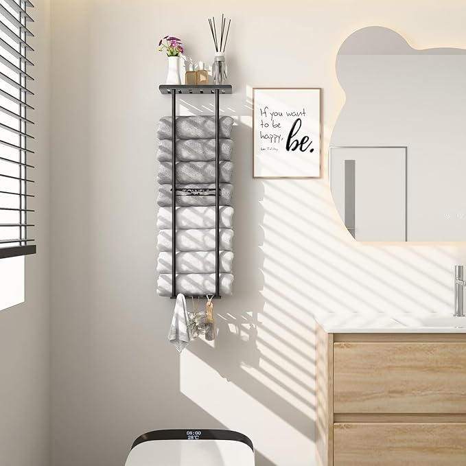 2-Tier Wall-Mounted Towel Rack with Hooks & Shelf, Black Metal Towel Holder for Small Bathrooms (Standard Version)