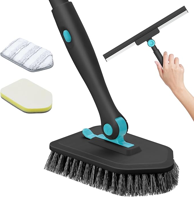 nacena Shower Scrubber with Long Handle, 4 in 1 Tile Tub Scrubber Brush with 3 Detachable Cleaning Shower Heads and Floor Squeegee Shower Cleaner Brush for Bathroom Kitchen Tub Sink Floor, Black