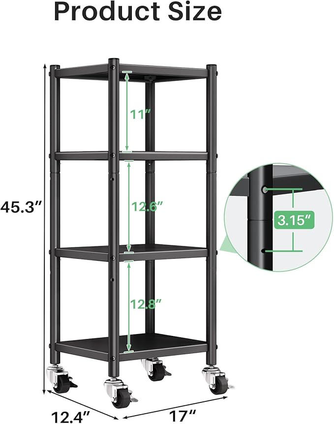 PXRACK Storage Shelves with Rolling Wheels, Adjustable 4 Tier Metal Shelving Unit for Storage Heavy Duty, Small Storage Rack Shelf for Corner of The Kitchen Bathroom Living Room Garage Office, Black