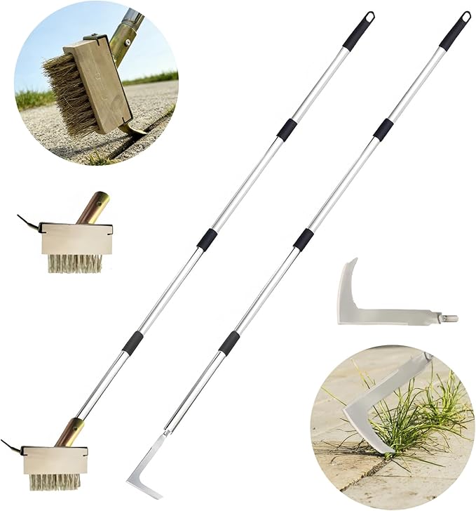 Qivine Weed Remover Tool, 5.25ft Adjustable Ergonomic Handle Weed Brush, 2-in-1 Brass Bristles & Steel Weeding Sickle for Sidewalk Cracks, Driveways, Patios, Gardens (Weed Remover Tool)