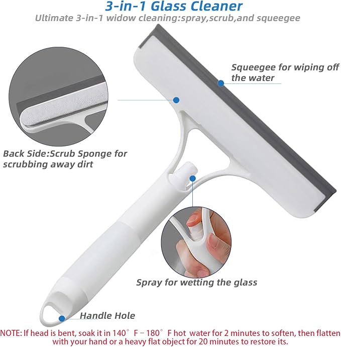 3 in 1 Window Squeegee, Cleaning Scraper with Scrubber Sponge Sprayer Clean Kit for Glass, Tile Walls, Shower Door, Car, Bathroom Cleaner (White)