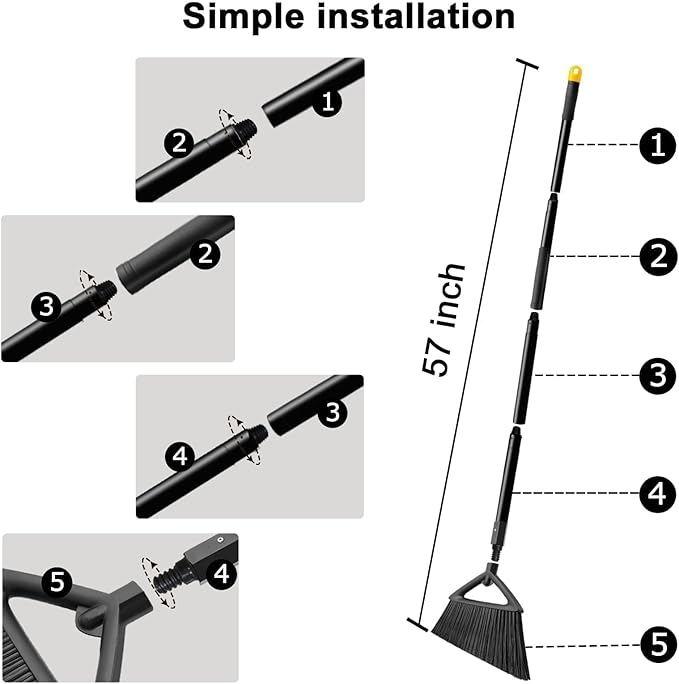 3PCS Heavy Duty Broom, Broom for Sweeeping Indoor and Outdoor, Angle Broom with Long Pole, Outdoor Broom for Courtyard/Garages/Slidewalk, Indoor Broom for Kitchen Lobby Cantee Black