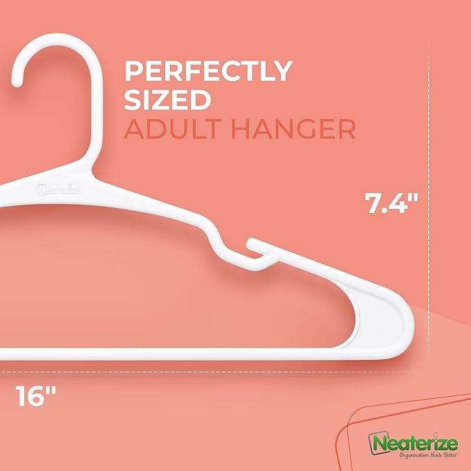 NEATERIZE Clothes Hangers Plastic 20 Pack for Adults - Plastic Hangers, The Perfect Coat Hanger and Space Saving Clothes Hangers for Closet, Percheros Ganchos para Colgar Ropa Hangars - White Hangers