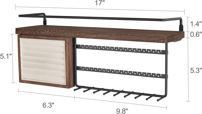 Mkono Hanging Jewelry Organizer Wall Mounted Jewelry Organizer Necklace Holder with Rustic Wood Shelf, Ring Display Box, Ear Studs Earring Holder Bracelet Organizer