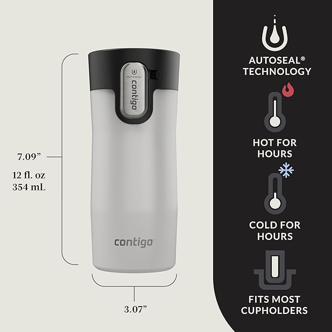 Contigo AUTOSEAL West Loop Vacuum-Insulated Stainless Steel Travel Mug with Easy-Clean Lid, 12oz, Salt Frosted Pearl