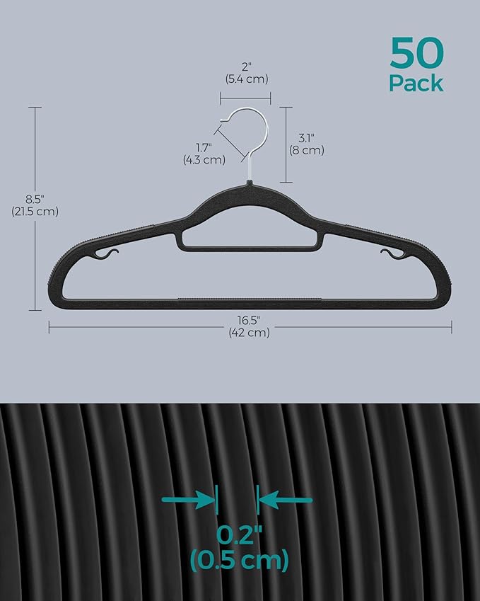 SONGMICS Pack of 50 Coat Hangers, Heavy-Duty Plastic Hangers with Non-Slip Design, Space-Saving Clothes Hangers, 0.2” Thickness, 360° Swivel Hook, 16.5” Long, Black and Gray