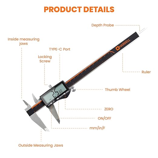 HARDELL Digital Caliper, Rechargeable 0-8 Inch Calipers Measuring Tool with Large LCD Screen, Inch/MM/Fraction, Stainless Steel, Auto-Off, Vernier Caliper Digital Micrometer