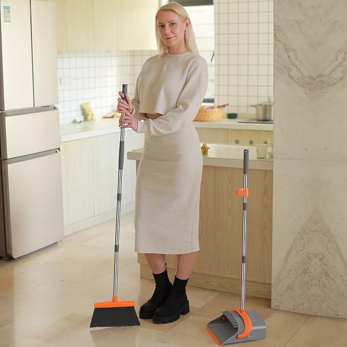 Ivandar Broom and Dustpan Set for Home, Broom and Dustpan Combo for Office, Long Handle Broom with Upright Standing Dust pan,Indoor&Outdoor Sweeping (Gray&Orange)