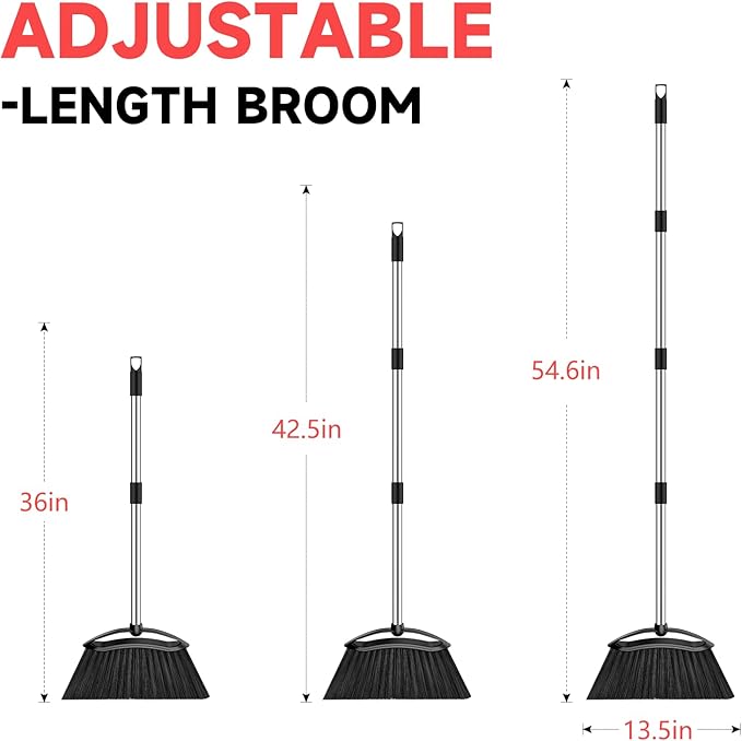 Heavy Duty Broom, 54-inch Adjustable Long Handle Angle Brooms Large Brooms for Sweeping Indoor and Outdoor Commercial Broom for Home Kitchen Patio Garage Porch Courtyard Classroom, Black