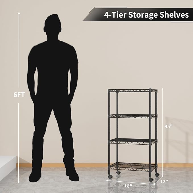 Golpart Small 4 Tier Shelves Storage Wire Shelving Unit Metal Shelf Adjustable Organizers Storage Shelving with Wheels for Bathroom Laundry Room Kitchen Pantry12”D x 18”W x 44.8”H Black