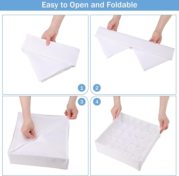 Foldable Storage Cubes Drawer Underwear Organizer Dividers， under Cabinet Organizer 24-Cell Fabric Storage Boxes for Lingerie,Socks,Ties （White）