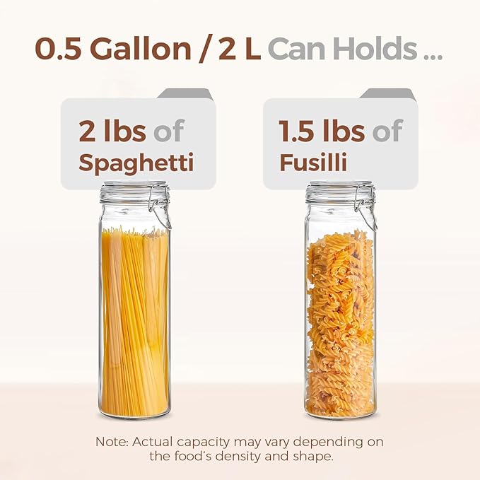ComSaf 3-Pack 68oz 13-Inch Tall Glass Pasta Containers for Spaghetti & Long Pasta, Slender Airtight Canisters for Vertical Pantry Organization, Food Storage Jars for Linguine & Breadsticks