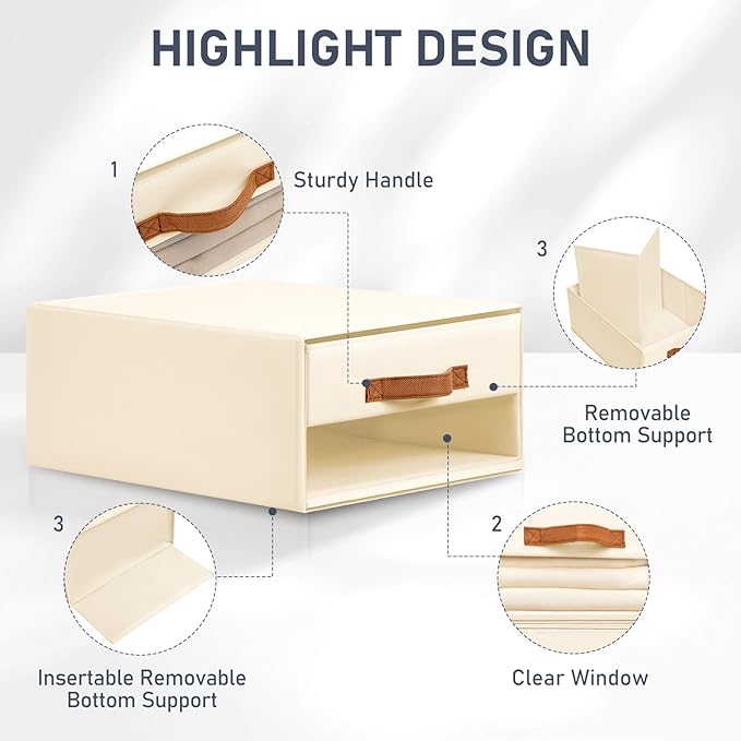 DIMJ Closet Organizers and Storage - Fabric Bins with Drawers for Closet Foldable Clothes Organizers with Clear Window, Stackable Storage Drawers for Bedroom, Living Room, 4-Pack, Beige