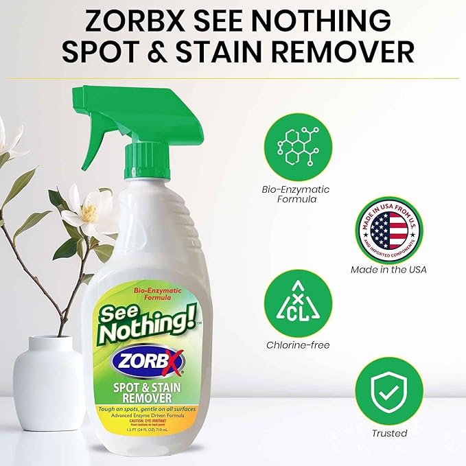 ZORBX See Nothing Spot & Stain Remover Spray (24 oz.) - All Purpose Cleaner for Shoes, Clothes, Furniture & Pet bedding - Fast-Acting Scrub-Free Odor & Enzyme Stain Remover for Ink, Blood & Urine