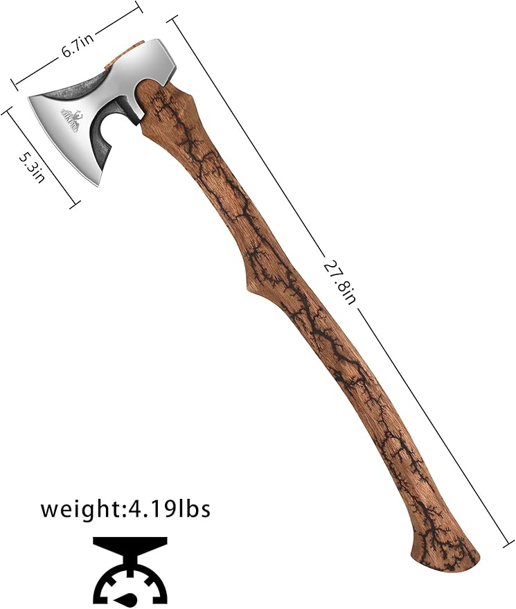 27.8" Splitting Axe, Wood Splitting Axe with Lichtenberg Pattern Wood Handle, 1065 High Carbon Steel Chopping Axes with Leather Sheath and Sharpening Stone for Chopping Firewood