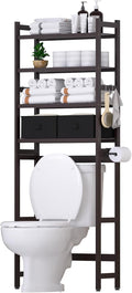 Cozivolife Over The Toilet Storage with 2 Baskets, 4-Tier Bamboo Organizer Rack with Paper Holder & 4 Hooks & Waterproof Feet Pad,Freestanding Shelf for Bathroom(Brown)