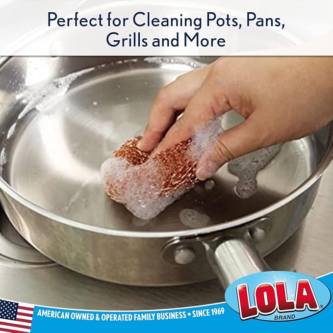 LOLA Copper Mesh Scouring Pad, 18 Grams, 2 Pack, Heavy Duty Cleaning Pads, Copper Coated Knitted Flat Wire Mesh, Recyclable, Cleans Baked On Messes