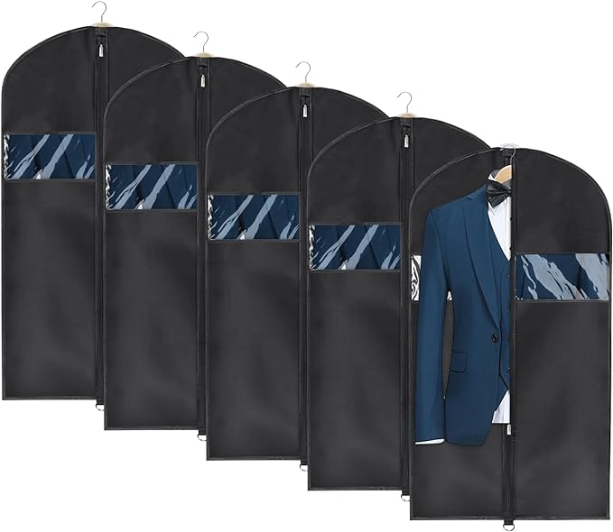 Univivi Garment Bag Suit Bag for Storage and Travel 43 inch, Washable Suit Cover for T-Shirt, Jacket, Suits, Coats, Set of 5, Oxford Fabrics