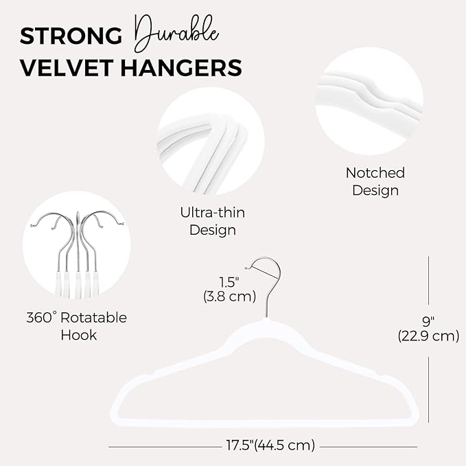 HOUSE DAY Premium Velvet Hangers 50 Pack, Non-Slip Flocked Felt Hangers, Sturdy Clothes Hangers with 360° Rotatable Hook, Heavy Duty Coat Hanger, Durable Slim White Hanger for Closet Space Saving