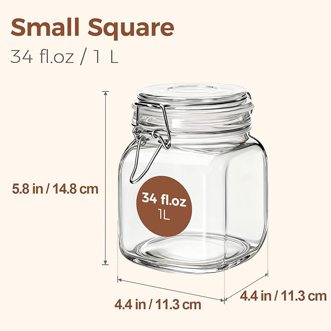 ComSaf 3-Pack Square Glass Coffee Canisters for 1lb Bean Bags, 34oz Airtight Jars with Clamp Lids for Tea, Sugar & Flour, Space-Saving Pantry Organization for Small Apartments & Coffee Station