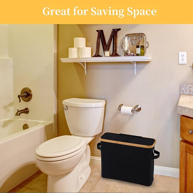 Toilet Paper Storage Basket with Lid, Bamboo Toilet Paper Storage Holder Stand Organizer for Bathroom, Toilet Paper Storage Box Container with Handle, Tissue Storage Bin for Small Place Closet, Black
