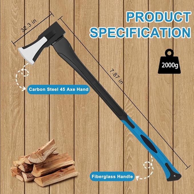 28-Inch Splitting Maul Axe - Heavy Duty Splitting Axe with Forged Steel Head and Shock-Absorbent Fiberglass Handle for Efficient Wood Splitting and Firewood Preparation
