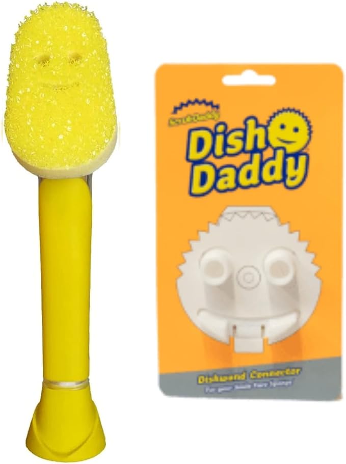 Scrub Daddy Dish Daddy Dish Wand & Connector Head, Soap Dispensing Dish Brush, Texture Changing Washing Up Sponge With Liquid Handle, Dish Sponge with Built-in Scraper, Scrubbing Head & Stand - Yellow