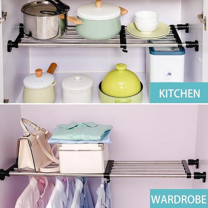 Hershii Expandable Closet Tension Shelf Rod Adjustable Metal Storage Rack Cabinet Organizer DIY Divider Separator Shelves for Wardrobe Cupboard Kitchen Bathroom, Black, 23.62-39.37inches