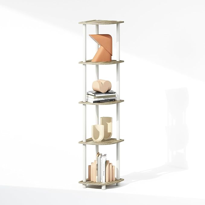 Furinno Turn-N-Tube Storage Shelves, 5-Tier Book Shelf, Corner Shelf, Toolless Open Shelves, for Organization and Storage, Living Room, Home Office, Hallway, Bedroom, Sonoma Oak