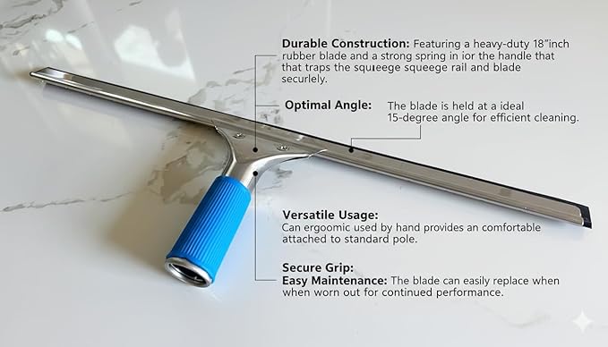 18-Inch Heavy-Duty Window Squeegee with Rubber Blade, Ideal 15 Degree Angle. Color Blue