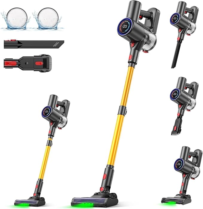 Zynet S8 Cordless Vacuum Cleaner, 500W/45KPA/40Mins Lightweight Stick Vacuum for Home, LED Display and Green Headlights, 6-Stages Filtration, Self-Standing Vacuum for Hard Floor, Carpet and Pet Hair
